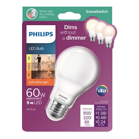 Philips LED DIM A19 E26 60W SW 464883